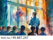A painting depicting a man standing and addressing a crowd of listeners. Стоковое AI-изображение, AI-художник Данила Большаков / Фотобанк Лори