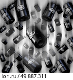 Oil falling financial concept and crude price fall symbol as barrels of petroleum going down with a liquid drop icon for declining prices in fossil energy due to oversupply and overproduction market conditions. Стоковое фото, агентство Ingram Publishing / Фотобанк Лори