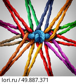Group holding together as different ropes connected and tied and linked together in the center by a knot as a strong  unbreakable chain and community trust and faith metaphor. Стоковое фото, агентство Ingram Publishing / Фотобанк Лори