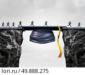 Education career opportunities concept as a group of graduating university studends crossing a mortarboard or graduation cap acting as a bridge to provide an opportunity and bridging the gap for business success. Стоковое фото, агентство Ingram Publishing / Фотобанк Лори