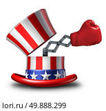 American election fight and political strategy concept for campaigning for votes as an open uncle sam top hat decorated with the flag of the United States and a surprise boxing glove emerging out as an icon of debating issues. Стоковое фото, агентство Ingram Publishing / Фотобанк Лори