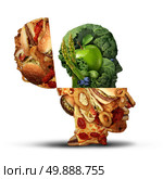 Nutrition change healthy lifestyle concept changing bad eating habits and from unhealthy junk food to fresh fruits and vegetables shaped as an open human head as an icon for the new healthy you. Стоковое фото, агентство Ingram Publishing / Фотобанк Лори