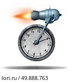 Fast time business deadline concept as a clock being transported by a rocket engine as a speed metaphor for increased faster service or accelerated productivity. Стоковое фото, агентство Ingram Publishing / Фотобанк Лори