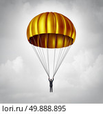 Golden parachute concept as a businessman parachuting safely down with a gold landing gear as a business benefits and award symbol for a company agreement with an executive employee that is stepping down or resigning. Стоковое фото, агентство Ingram Publishing / Фотобанк Лори