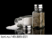 Salt and oregano shakers on black Background. Стоковое фото, агентство Ingram Publishing / Фотобанк Лори