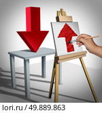 Optimistic positive psychology and success thinking as a person looking at a downward 3D illustration arrow and interprets it on canvas as an upward arrow as a metaphor for optimism and business view. Стоковое фото, агентство Ingram Publishing / Фотобанк Лори