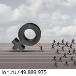 Sexism descrimination concept as a struggling woman with the burden of pulling a heavy female 3D illustration symbol falling behind a group of running businessmen or men as an unfair gender bias icon. Стоковое фото, агентство Ingram Publishing / Фотобанк Лори