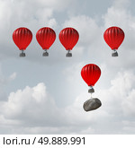 Competitive struggle and business disadvantage or disability concept as a group of hot air balloons racing to the top but an individual laggard attached to a heavy rock boulder struggling to compete as a 3D illustration. Стоковое фото, агентство Ingram Publishing / Фотобанк Лори