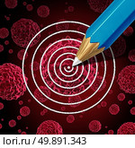 Targeting cancer medical therapy concept as a pencil drawing a target on a cancerous malignant cell as a disease treatment or cure metaphor to kill the carcinoma in a human body as a 3D illustration. Стоковое фото, агентство Ingram Publishing / Фотобанк Лори
