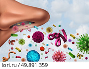 Breathing disease medical concept and the spread of illness as a nose inhaling infectious bacteria virus cells and other dangerous microscopic toxic contaminants with 3D illustration elements. Стоковое фото, агентство Ingram Publishing / Фотобанк Лори