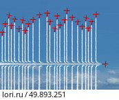 Different strategy business concept as an individual jet airplane flying under the competition as a metaphor for new confident strategic thinking finding a new way to success with 3D illustration elements. Стоковое фото, агентство Ingram Publishing / Фотобанк Лори