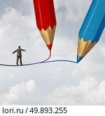 Concept of business direction as a businessman walking on a highwire drawn by two pencils as a crossroad challenge to choose the correct path or pathway to success with 3D illustration elements. Стоковое фото, агентство Ingram Publishing / Фотобанк Лори