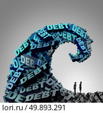 Debt pressure financial concept as a huge wave or tide made of 3D illustration text as a finance and economic crisis metaphor for money problem risk and budget management trouble. Стоковое фото, агентство Ingram Publishing / Фотобанк Лори
