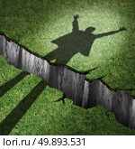 Overcome obstacle and concept of success power as a cast shadow of a cheering person leaping through a cliff opening  as a metaphor for oversoming barriers and finding a way to victory with 3D illustration elements. Стоковое фото, агентство Ingram Publishing / Фотобанк Лори