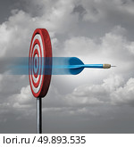 Missing the target concept as a dart way off the mark or bullseye as a metaphor for failure and failing to hit a goal with 3D illustration elements. Стоковое фото, агентство Ingram Publishing / Фотобанк Лори