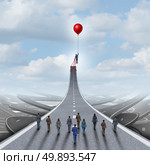 Ambitions concept and business success management and team manager symbol as a businessman lifting a road up with a balloon as a leadership metaphor with 3D illustration elements. Стоковое фото, агентство Ingram Publishing / Фотобанк Лори