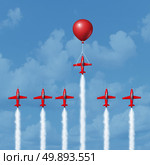 Winning business tools and successful strategy concept as a group of competitive jet airplanes racing up with one individual that is helped by a balloon as the winner as a 3D illustration. Стоковое фото, агентство Ingram Publishing / Фотобанк Лори