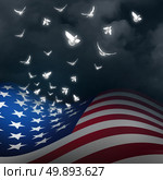 American freedom concept as the flag of the United States with the stars transforming into white doves as a patriotic and national rememberance and memorial independence celebration with 3D illustration elements. Стоковое фото, агентство Ingram Publishing / Фотобанк Лори