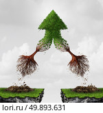 Team and teamwork collaboration concept as two flying uprooted trees combining together in friendship and mutual benefit creating an upward arrow as a business metaphor for courage  in a 3D illustration style. Стоковое фото, агентство Ingram Publishing / Фотобанк Лори