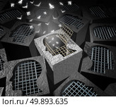 Deliverance concept or redemption and salvation symbol as a prison cage shaped as a human head with an open door with white birds flying out as a metaphor for psycholocical release with 3D illustration elements. Стоковое фото, агентство Ingram Publishing / Фотобанк Лори