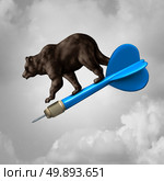 Bear market prediction missed target financial concept and losing stock goal business symbol as a pessimistic riding a dart downward towards failure as a finance icon with 3D illustration elements. Стоковое фото, агентство Ingram Publishing / Фотобанк Лори