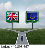 Britain European Union question as a brexit concept pertaining to the UK vote confusion and Euro zone and Europe membership British decision as a person standing on a crossroad dilemma with flags on road signs with 3D illustration elements. Стоковое фото, агентство Ingram Publishing / Фотобанк Лори