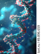 Close-up of a DNA double helix with a blue background, illustrating molecular biology. Стоковое AI-изображение, AI-художник Данила Большаков / Фотобанк Лори