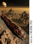 A sleek train moves across a rocky alien landscape with towering mountains and a large planet in the sky at sunset. Стоковое AI-изображение, AI-художник Данила Большаков / Фотобанк Лори