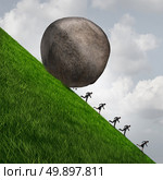 Corporate pressure business concept as a huge boulder rock rolling down a hill with running businesswomen and businessmen as an economic risk and danger metaphor with 3D illistration elements. Стоковое фото, агентство Ingram Publishing / Фотобанк Лори