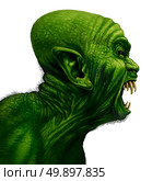 Monster head side view as a zombie face or mutant beast screaming as a creepy halloween or angry scary demon symbol with textured green wrinkled skinisolated on a white background in a realistic 3D illustration style. Стоковое фото, агентство Ingram Publishing / Фотобанк Лори