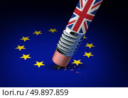 Britain European Union decision as a brexit leave concept and UK leaving vote or Euro zone crisis as a pencil with the british flag erasing a star of the Europe icon as a 3D illustration. Стоковое фото, агентство Ingram Publishing / Фотобанк Лори