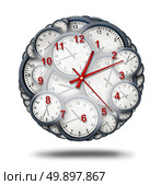 Managing time and multitasking or consolidate combine multiple business appointments as a schedule and corporate date coordination as a group of clock watches combined together to form one single timepiece as a 3D illustration. Стоковое фото, агентство Ingram Publishing / Фотобанк Лори
