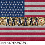 Inside American economy business and the inner workings of United States industry concept as a group of businessmen and businesswomen  lifting up a brick wall exposing the economic machine made of symbolic gears and cogs with 3D illustration elements. Стоковое фото, агентство Ingram Publishing / Фотобанк Лори