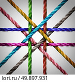 Connected centralized networking and central network connection business concept as a group of diverse ropes that connect to a centered point as a square shape network metaphor for connectivity and linking together as a strong support structure. Стоковое фото, агентство Ingram Publishing / Фотобанк Лори