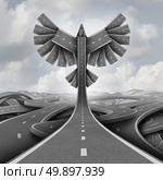 Road freedom concept as a group of highway paths grouped together shaped as flying bird wings as a business or life motivation success symbol of ascending upward breaking out of confusion towards opportunity as a 3D illustration. Стоковое фото, агентство Ingram Publishing / Фотобанк Лори