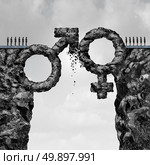 Gender conflict and sex equality social issue as rock mountain cliffs shaped as the icon of the female and male colliding in a distructive friction as a sexism symbol in a 3D illustration style. Стоковое фото, агентство Ingram Publishing / Фотобанк Лори