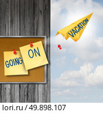 Going On Vacation concept as a rest and relaxation symbol with office notes on a thummb tack board with one office note transforming to a paper airplane as a travel and tourism metaphor with 3D illustration elements. Стоковое фото, агентство Ingram Publishing / Фотобанк Лори