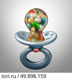Baby medicine medical concept as a pacifier with pills and medication inside as a dosage or prescription issues for newborn or young individuals as a 3D illustration. Стоковое фото, агентство Ingram Publishing / Фотобанк Лори