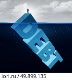 Hidden debt business and unknown financial danger concept as a naive businessman standing on the tip of an iceberg as a 3D illustration text element as an invisible finance and liability risk. Стоковое фото, агентство Ingram Publishing / Фотобанк Лори