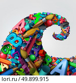 Learning stress concept as a big wave made of educational elements creating distress and pressure to students that are being overwhelmed and overloaded by homework or education trend icon as a 3D illustration. Стоковое фото, агентство Ingram Publishing / Фотобанк Лори