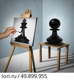 Leadership vision business concept as a chess game pawn being interpreted by a painter who is painting it as a king piece representing potential and motivation to aspire and succeed to a higher level as a 3D illustration. Стоковое фото, агентство Ingram Publishing / Фотобанк Лори