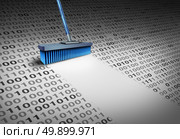 Deleting data technology concept as a broom wiping clean binary code as a cyber security symbol for erasing computer information or to delete an email and clean a hard drive server with 3D illustration elements. Стоковое фото, агентство Ingram Publishing / Фотобанк Лори