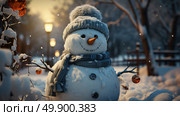 A snowman wearing a hat and scarf standing in a field of snow. Стоковое AI-изображение, AI-художник Данила Большаков / Фотобанк Лори