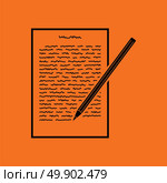 Sheet with text and pencil icon. Orange background with black. Vector illustration. Стоковая иллюстрация, агентство Ingram Publishing / Фотобанк Лори