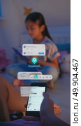 Augmented reality messaging interaction with mobile devices in cozy room ambiance. Стоковое AI-видео, аниматор Владимир Федоров / Фотобанк Лори