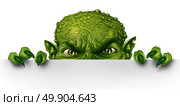 Monster peeking behind a blank white sign as an angry creepy green zombie mutant hiding and peeping behind a billboard as a halloween message concept in a 3D illustration style. Стоковое фото, агентство Ingram Publishing / Фотобанк Лори