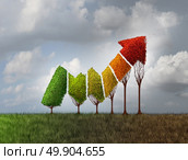 Investing during autumn season as a group of trees shaped as a financial profit arrow that are changing leaf color as a finance symbol of aging investment and limited potetial losing momentum with 3D illustration elements. Стоковое фото, агентство Ingram Publishing / Фотобанк Лори