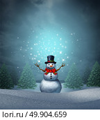 Magical snowman winter holiday as a merry christmas and happy new year greeting card with a cute happy snow character with glowing  northern lights snowflake sparkles in an evergreen landscape with 3D illustration elements. Стоковое фото, агентство Ingram Publishing / Фотобанк Лори