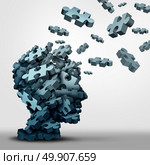 Dementia puzzle concept brain health problem symbol as a neurology and psychology icon as a a group of 3D illustration jigsaw pieces shaped as a human head as a mental health or memory loss disorder. Стоковое фото, агентство Ingram Publishing / Фотобанк Лори
