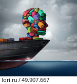 Shipping cargo concept as a global container tanker ship transporting freight shaped as a human head as a transportation and trade metaphor with 3D illustration elements. Стоковое фото, агентство Ingram Publishing / Фотобанк Лори
